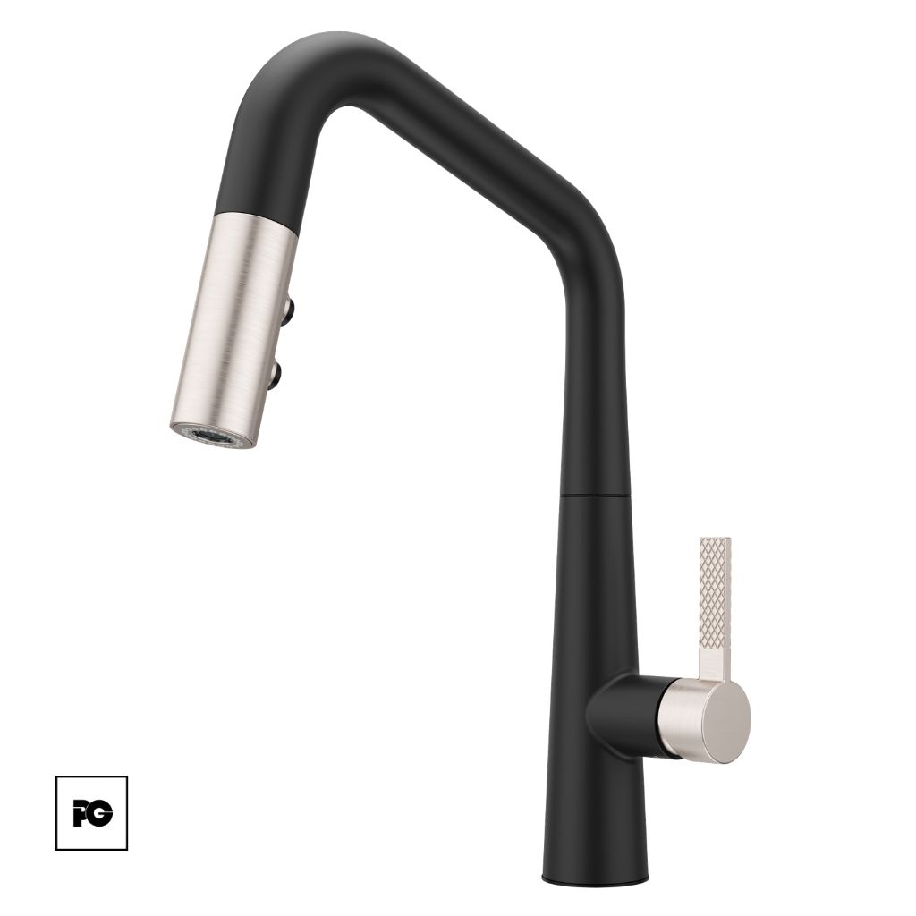Modern black kitchen faucet with brushed metal spout over a stainless sink in a bright