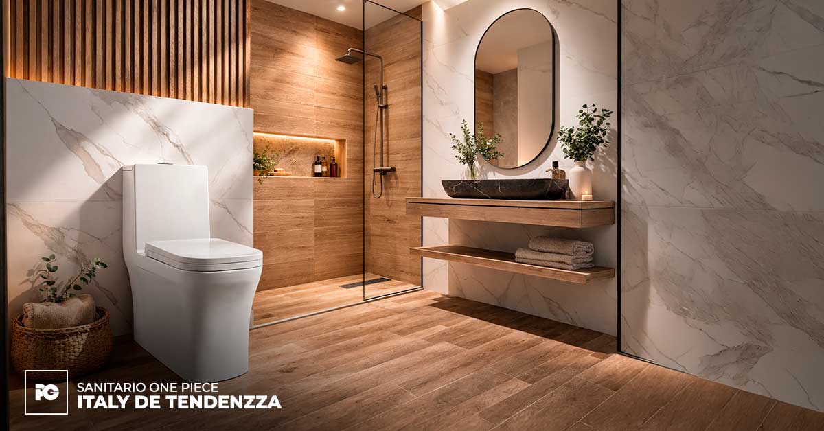 Sanitario One Piece Italy PBK106 de Tendenzza: diseño moderno, ahorro de agua y mayor facilidad de limpieza para tu baño.